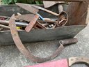 Vintage Tools In Tool Box Including Machetes, Axes, Scythes & More