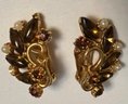 VINTAGE SIGNED FLORENZA GOLD TONE RHINESTONE FAUX PEARL CLIP-ON EARRINGS