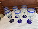 Set Of Six Cobalt Rimmed Thick Artisanal Glass Wine Glasses