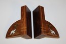 Vintage Solid Wooden Bookends With Inlaid Accents OF Elephants & Palm Trees