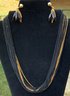 Multi Strand Black And Gold Monet Chain Necklace & Clip Earrings Set