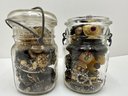 Jewelry Parts For Crafting In Mason Jars & Basket: Beads, Broken Necklaces, Single Earrings & More