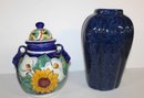 Hand Painted Biscut Jar Paired With Tall Glazed Ceramic Vase