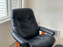 Ekornes Bentwood Base Black Leather Reclining Swivel Chair With Ottoman, Norway