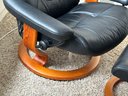 Ekornes Bentwood Base Black Leather Reclining Swivel Chair With Ottoman, Norway