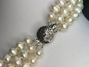 Gorgeous Genuine Cultured Triple Strand Baroque Pearl Necklace With Sterling Clasp - Very Pretty Piece