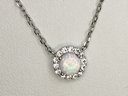 Lovely Brand New Sterling Silver Necklace With Opal Pendant - White Sapphire Accent Stones - Very Pretty !