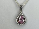 Beautiful Brand New 20' Sterling Silver / 925 Necklace With Pink Tourmaline / White Topaz Tear Drop Pendant