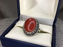 Very Nice Sterling Silver & Dome Coral Cocktail Ring - Lovely Hand Done Silver Work - Brand New - UNWORN !