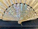 Beautiful Framed Antique French Floral Hand Painted Silk Fan With Mother Of Pearl Handle