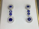 Fabulous 925 / Sterling Silver Drop Earrings With Sapphire And White Topaz - Very Pretty Pair - Nice !