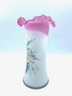 Vintage Hand-blown Frosted Glass Vase W/ Pink Crimped Top & Hand-painted Floral