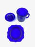 3 Piece Vintage Cobalt Blue Glass Hand Juicer, Measuring Cup, & Underplate