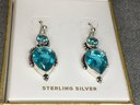 Lovely Brand New 925 / Sterling Silver Drop Earrings With Light Blue Topaz - Very Nice - New - Never Worn