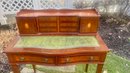 Vintage Inlaid Mahogany Two Tier Ladies Writing Desk With Tooled Leather Writing Surface