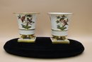 Vintage Herend Hungary Pair Small Footed Cachepots/Vases With Birds And Butterflies 3'