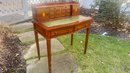 Vintage Inlaid Mahogany Two Tier Ladies Writing Desk With Tooled Leather Writing Surface