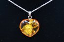 925 Sterling With Amber Heart Pendant On 925 Sterling Italy Chain 24'