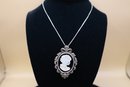 925 Sterling With Marcasites And Mother Of Pearl Cameo Set Pin/Pendant With 925 Italy Chain 16' And Earrings
