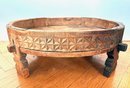 Large Copper Pot With Wrought Iron Handles In Antique Carved Round Wood Stand