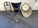 VINTAGE SCALE, GARBAGE CAN, LANTERN, AND CARPET BEATER