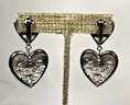 Vintage Silver Tone Heart Shaped Clip Earrings Pendants In Heart Form White Rhinestones