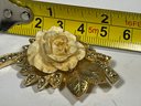 Gold Tone Vintage White Carved Rose Brooch By Eisenberg Ice