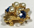 Signed Eisenberg Ice Blue Rhinestone And Faux Pearl Gold Tone Bug Pin Brooch