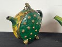 TWO BRONZE CLOISSONE 'LILLY PAD TEAPOTS'