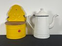 1950S ENAMELED TEAPOT AND WALL BOX