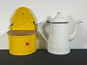 1950S ENAMELED TEAPOT AND WALL BOX