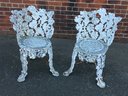 Fabulous Pair Of  Cast Metal Victorian Style Garden Chairs - Grape Leaf Motif - Old Dry Worn White Paint !
