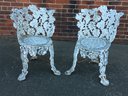 Fabulous Pair Of  Cast Metal Victorian Style Garden Chairs - Grape Leaf Motif - Old Dry Worn White Paint !