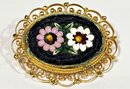 Deep Blue Ground Gold Gilded Metal Oval Brooch Micro Mosaic Flowers