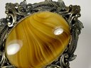 Fine Large Art Glass And Filigree Dull Gold Tone Oval Brooch