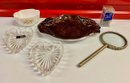 Misc Decor Lot Brass Magnifying Glass, Spode Dish, Crystal Heart Dishes