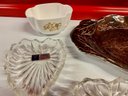 Misc Decor Lot Brass Magnifying Glass, Spode Dish, Crystal Heart Dishes