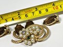 Vintage Gold Tone Faux Pearl Frosted Amber Colored Glass Leaf Stones Brooch And Earrings