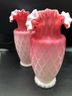 2 Pink Glass Victorian Vases Diamond Quilted, Hand Blown. 7 1/2'