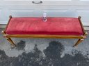 Vintage Wood Bench With Maroon Velour Seat Cushion. Measures 48' Wide, 15' Deep And 19 5/8' Tall.