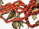 Signed Nancy J. Young Brass And Coral Colored Glass Beaded Necklace W Hand Charms