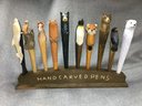 Wonderful Set Of Ten (10) Vintage Hand Carved Folk Art Pens With Store Display Stand - Adorable - NICE LOT !