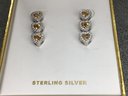 Very Pretty Sterling Silver / 925 Earrings With White & Golden Topaz Heart Drop Earrings - Very Nice Pair !