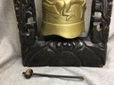 Fabulous Antique / Vintage Brass Bell With Heavily Carved Stand With Brass Inlays - Has Original Hammer