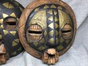 Pair Carved Masks - Antique ? Vintage ? Masks From Africa ? Ghana ? Brass Inlay - From Estate Of Professor