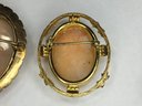 Lot Of Three Vintage / Antique Carved Cameos Pins - One MIGHT Be Gold - All Very Well Done -