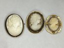 Lot Of Three Vintage / Antique Carved Cameos Pins - One MIGHT Be Gold - All Very Well Done -