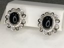 Fabulous Brand New Pair Sterling Silver / 925 Earrings With Black Onyx Encircled With Sparkling White Zircons