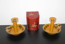 A Vintage Pair Of Toleware Candlesticks & Tea Tin