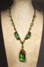 Czech. 1920s Gilt Brass And Glass Fancy Drop Pendant Necklace In Green